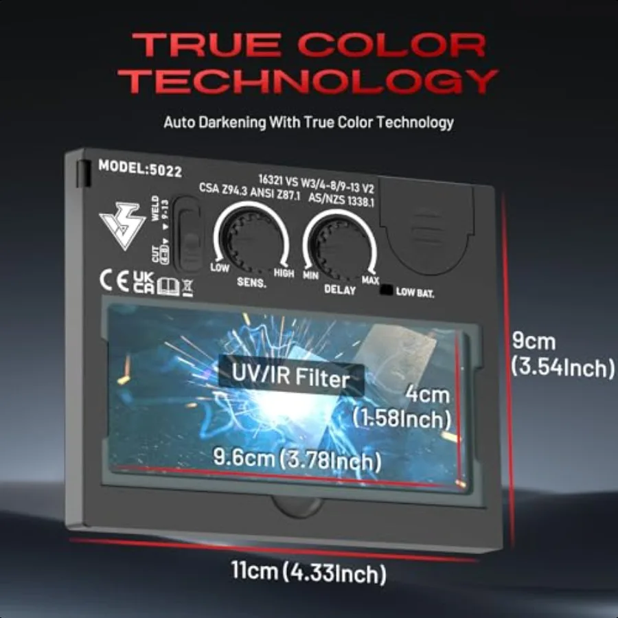 VILSIN Welding Helmet Auto Darkening Large ViewWelding Hood True Color Solar Powered With 2 Arc Sensor Wide Shade 3 48 913 for