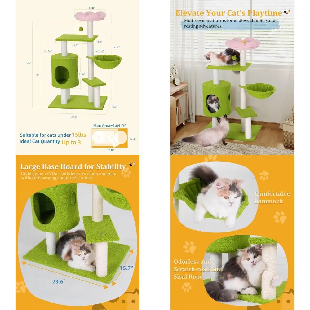

Green 41.2 Indoor Cat Tree with 3 Scratching Posts, Small Tower, Cozy Cave, Hammock, and Perch Bed for Kittens