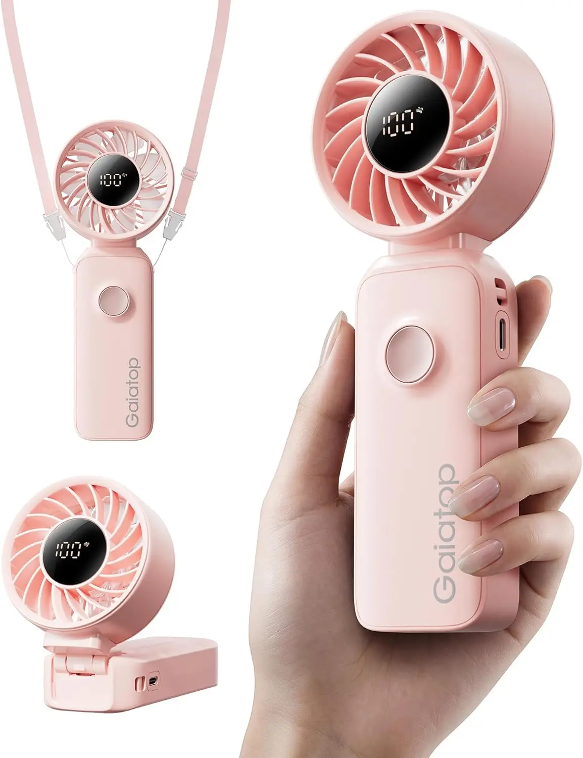 

3-in-1 Portable Handheld Fan, 5 Speeds, 18H Battery, Neck/Desk/Hand Fan for Travel & Outdoor, Pink
