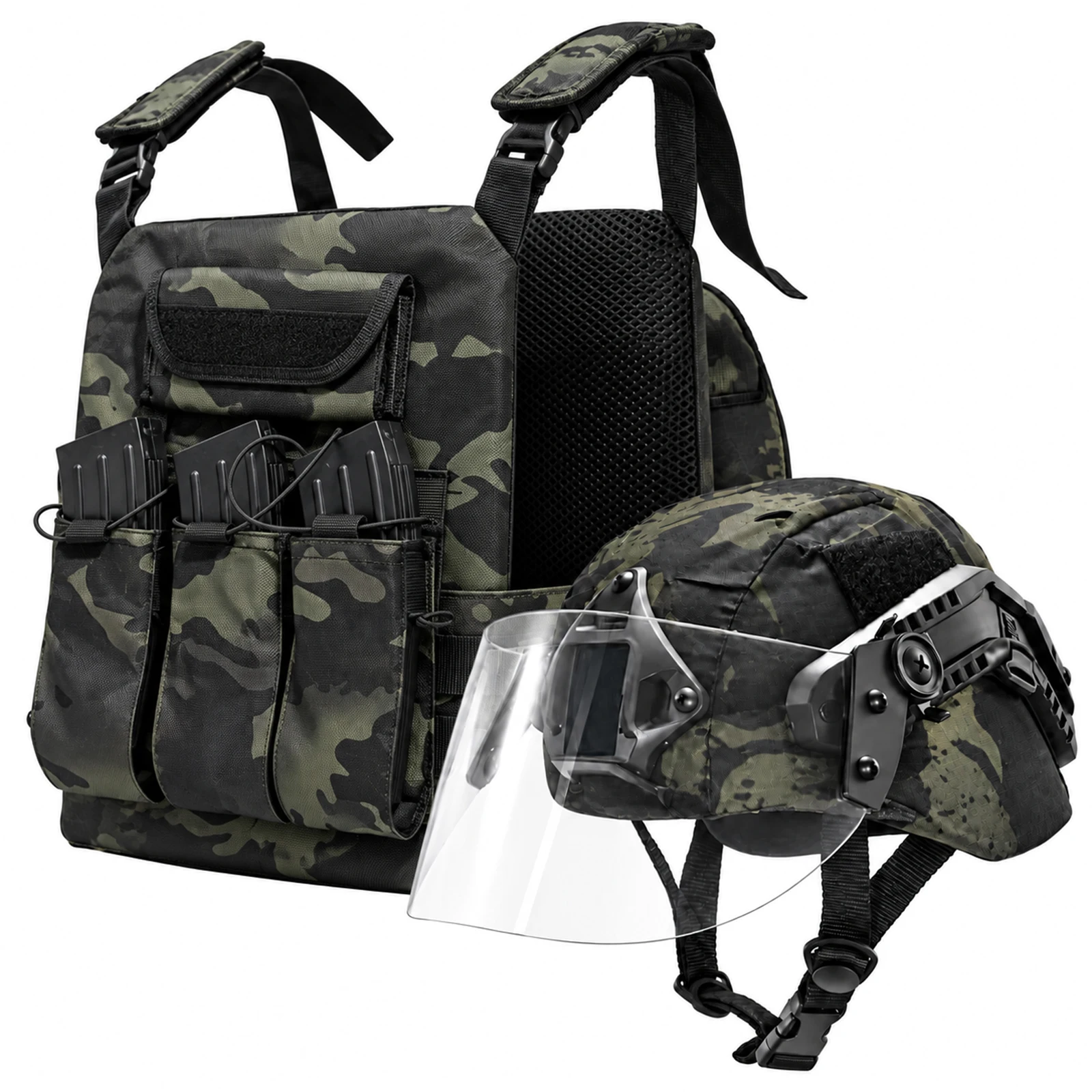 Kids Tactical Helmet and Camouflage Vest Set with Clear Visor Chin Strap Roleplay Outfit for School Shows Theme Events Photos