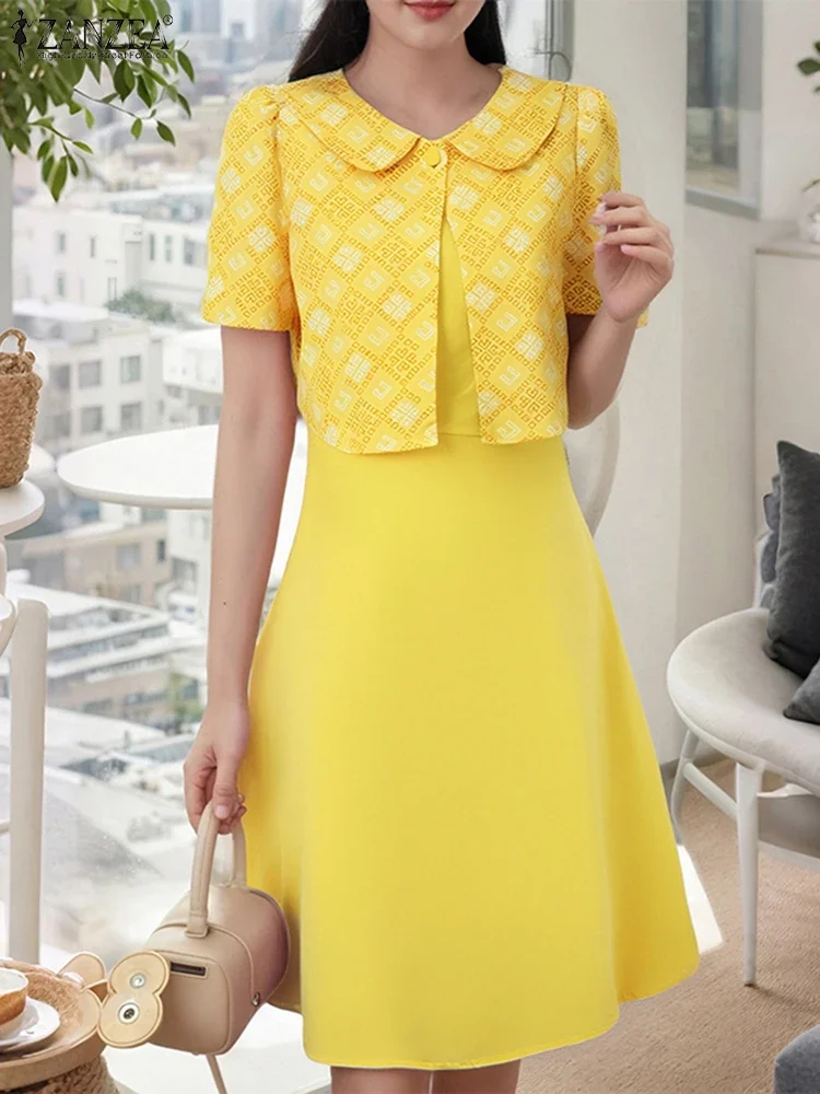 Elegant Knee-Length Dress Women Partchwork Printed Sundress Summer Short Sleeve Vestido Casual Loose Robe Femme Fake 2-piece