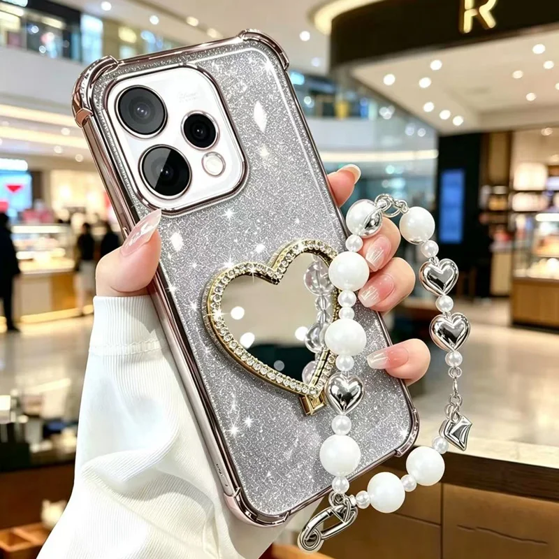 Bracelet Glitter Heart Mirror Holder Stand Case For Xiaomi 17T Pro 14T 13T 12T 15T 17 Pro Max 15 Ultra Shockproof Bracket Cover