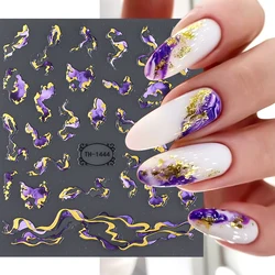 Purple Marble Blooming Nail Stickers 3D Golden Wave Lines Geometric Nail Sliders Smoke Design Nail Decals Manicure Decoration