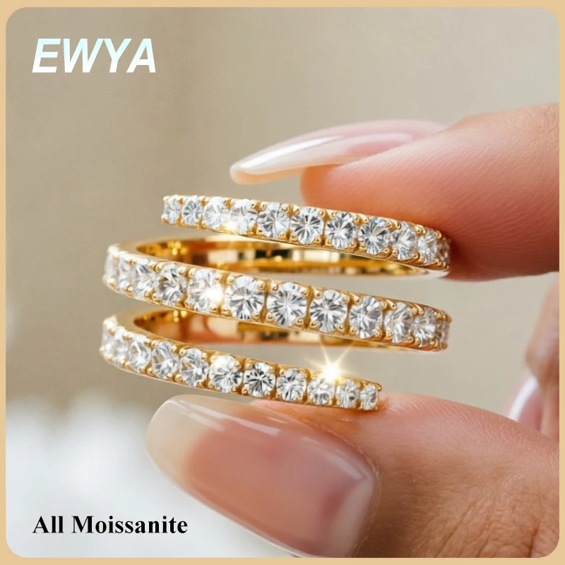 EWYA S925 Sterling Silver Triple Spiral Wrap Ring Full Paved Round Moissanite 18K Plated Open Twist Stackable Statement Band
