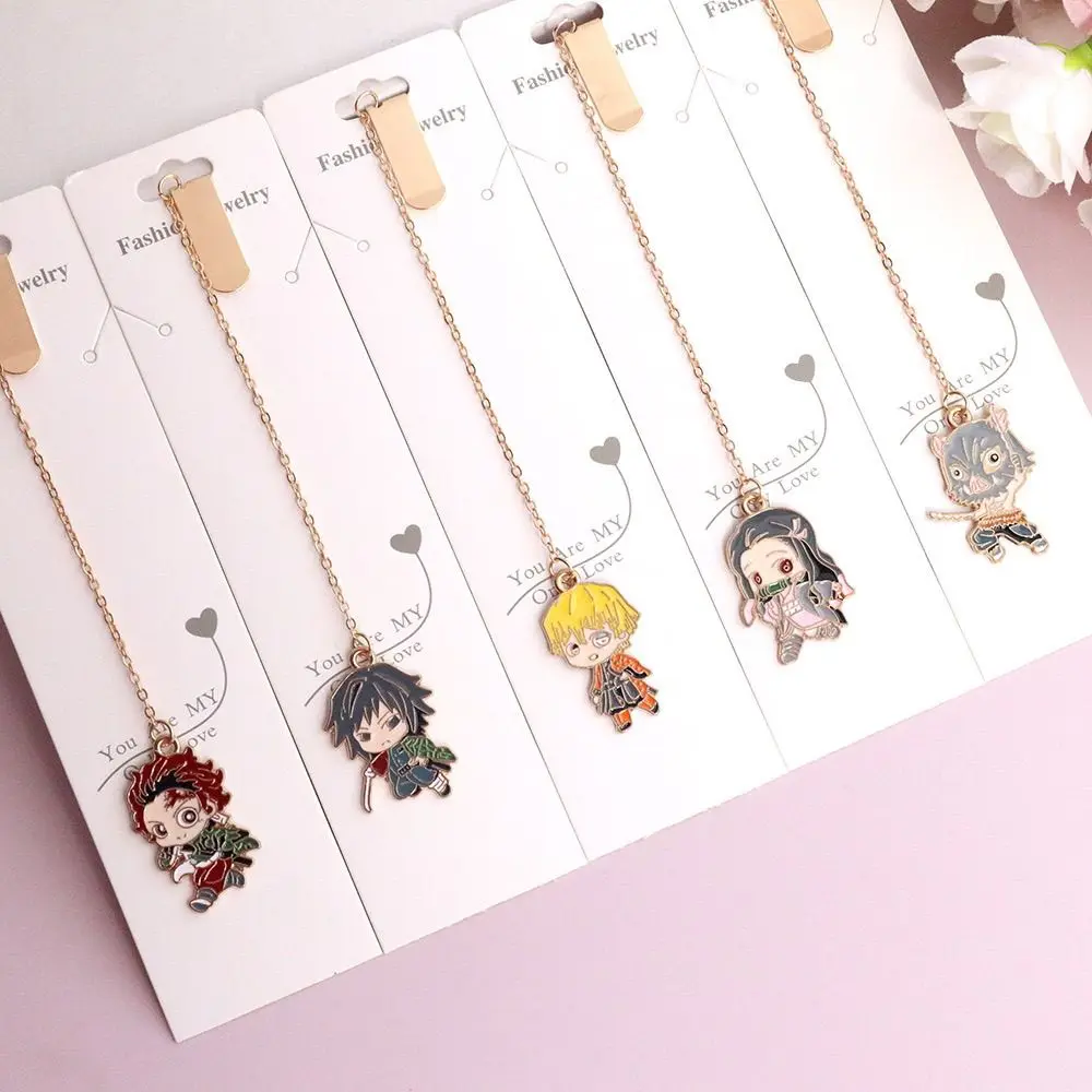 Demon Slayer Anime Metal Bookmark Chain Pendant Cartoon Character Page Marker Stationery Gift