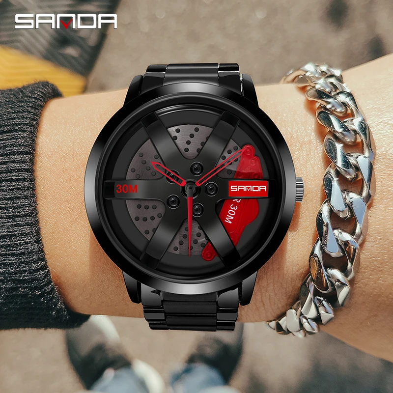 SANDA-Reloj de pulsera de cuero inoxidable para hombre, accesorio de pulsera resistente al agua con esfera de llanta de rueda giratoria de 1075