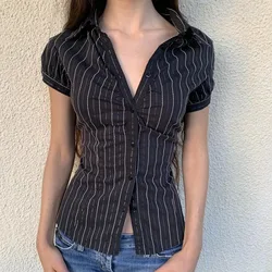 American Striped Print Single Breasted Blouses 2024 Sumemr New Lapel Neck Shirts Women Y2k Slim Fit Short Sleeve Blusas Mujer