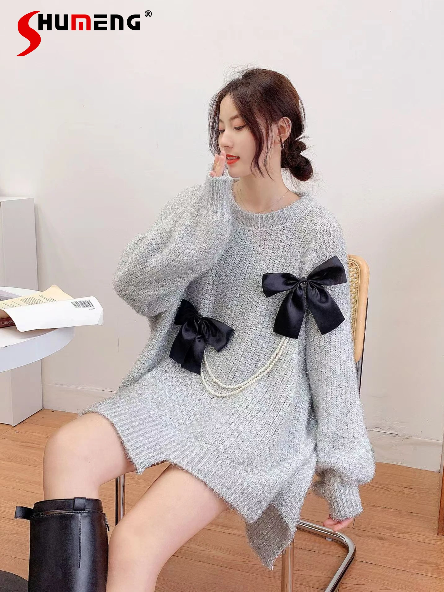 

2024 Autumn Winter New Shiny Three-dimensional Flower Sweaters Femininity Versatile Over Size Pullover Medium Long Knitted Tops