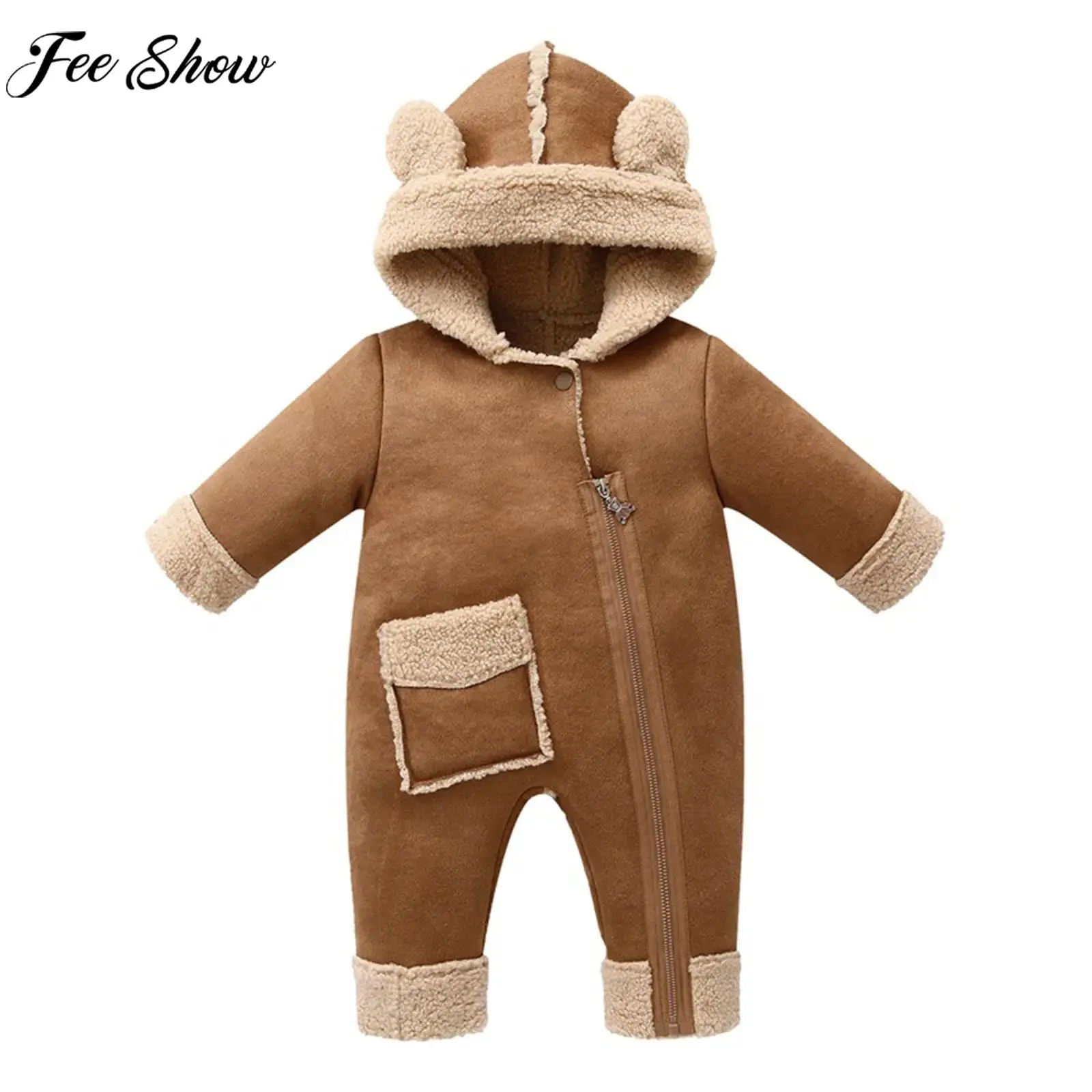 

Зимний детский комбинезон на молнии с длинными рукавами, теплый комбинезон с капюшоном на флисовой подкладке, толстый комбинезон из овечьей шерсти со шляпой для повседневной домашней уличной одежды