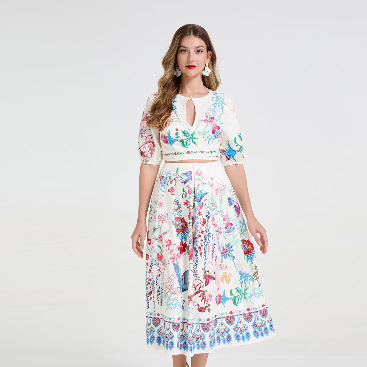 Set gonna a due pezzi da donna con decorazione stampata retrò estiva Set girocollo con maniche a tre quarti + set gonna longuette svasata a vita alta