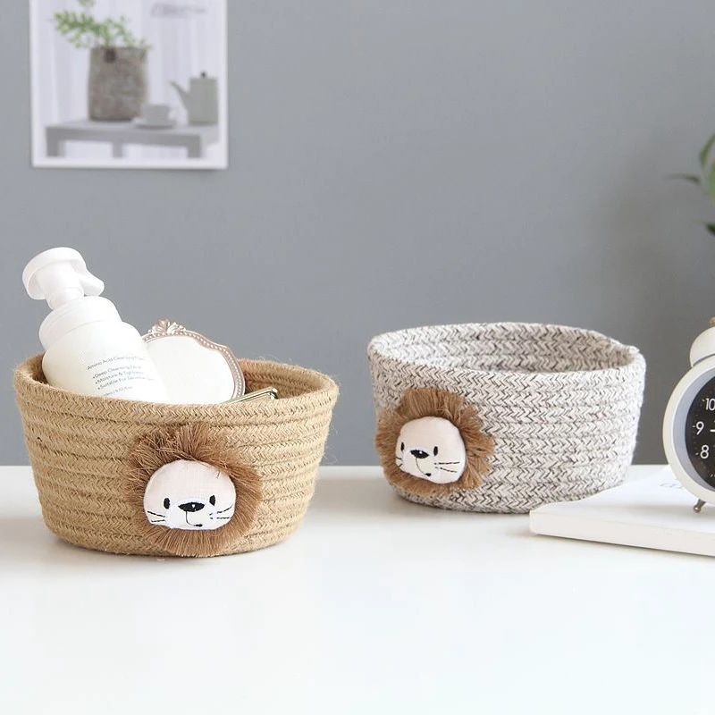 Cartoon Animals Woven Storage Basket Desktop Organizer Sundries Storage Box Laundry Baskets - Lion