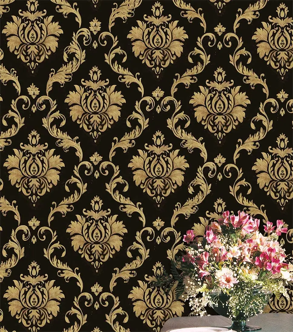 Damask Peel and Stick Wallpaper Black Gold Pre-Pasted Removable Contact Paper Vinyl Self-Adhesive Furniture Stickers for Home