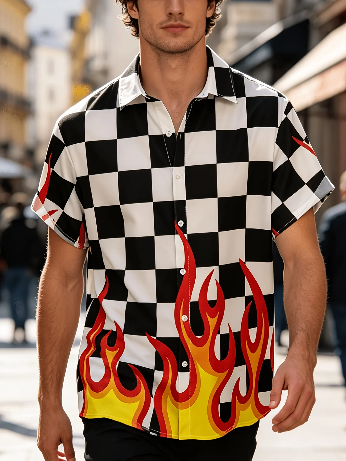 Men's Hawaiian Shirt Black White Checkered Flame Print Short Sleeve Button Down Casual Beach Aloha