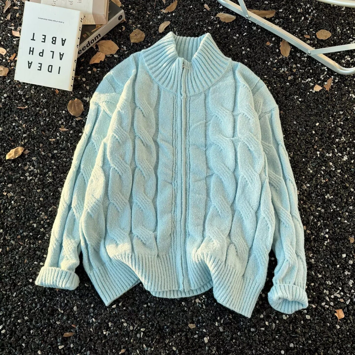 

Autumn Winter Knitted Sweater Casual Loose ex Lazy Sle Zipper Twist Design Polyester Fiber High Collar Long Sve Top