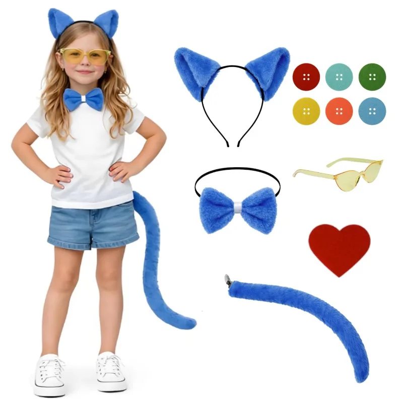 

Аксессуары для костюма синей кошки: повязка на голову с кошачьими ушками, хвост, галстук-бабочка, наклейки-сердечки, очки для костюмированной вечеринки в честь Дня чтения книг