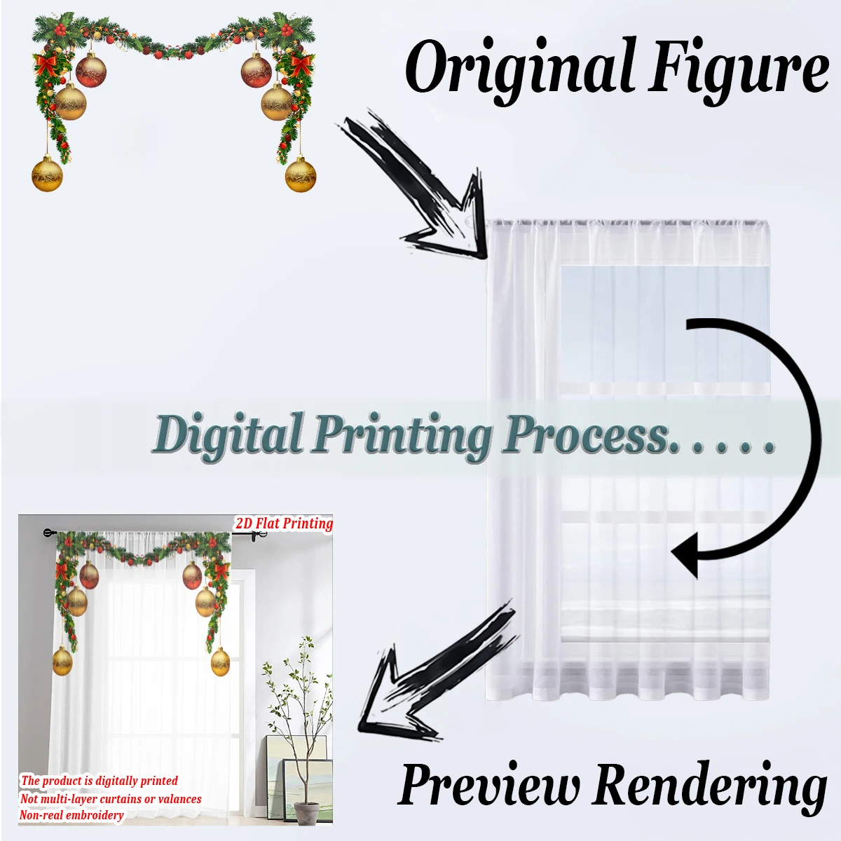 ستارة شفافة مطبوعة مسطحة لعيد الميلاد مع قوس كرة عيد الميلاد فروع الصنوبر لتزيين غرفة المعيشة وغرفة النوم وحفلات العطلات