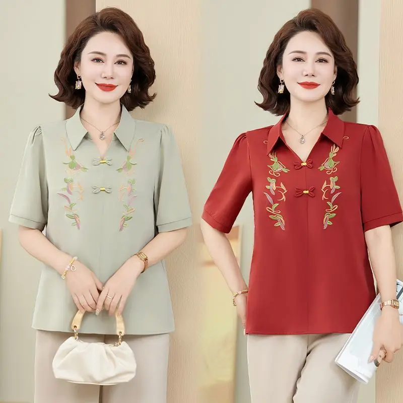 

Embroidered Shirt in Summer New Style Chinese Style Fashionable and Versatile Top Short Sleeves