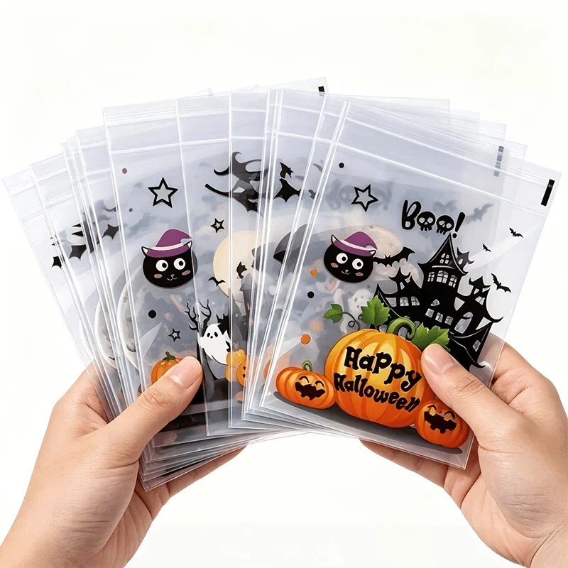 100 Stück kleine Halloween-Leckerei-Beutel, transparente, selbstklebende Süßigkeitenbeutel, Plastik-Kekstüten für „Trick or Treat“, Halloween-Geschenkbeutel – Detail 4