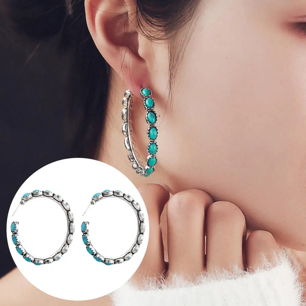 Alloy Turquoise Earrings Boho Chic Turquoise Hoop Earrings Set Vintage Circle Statement Jewelry for Women Elegant for Wedding