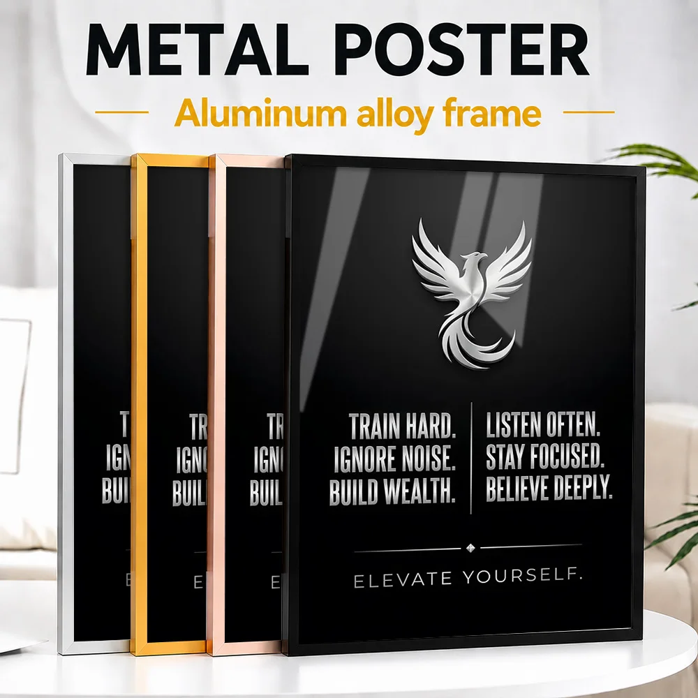Train Hard Build Wealth Gym Motivation Quote Framed Metal Print Personalized Photo Bold Typography Style Wall Art For Man Cave