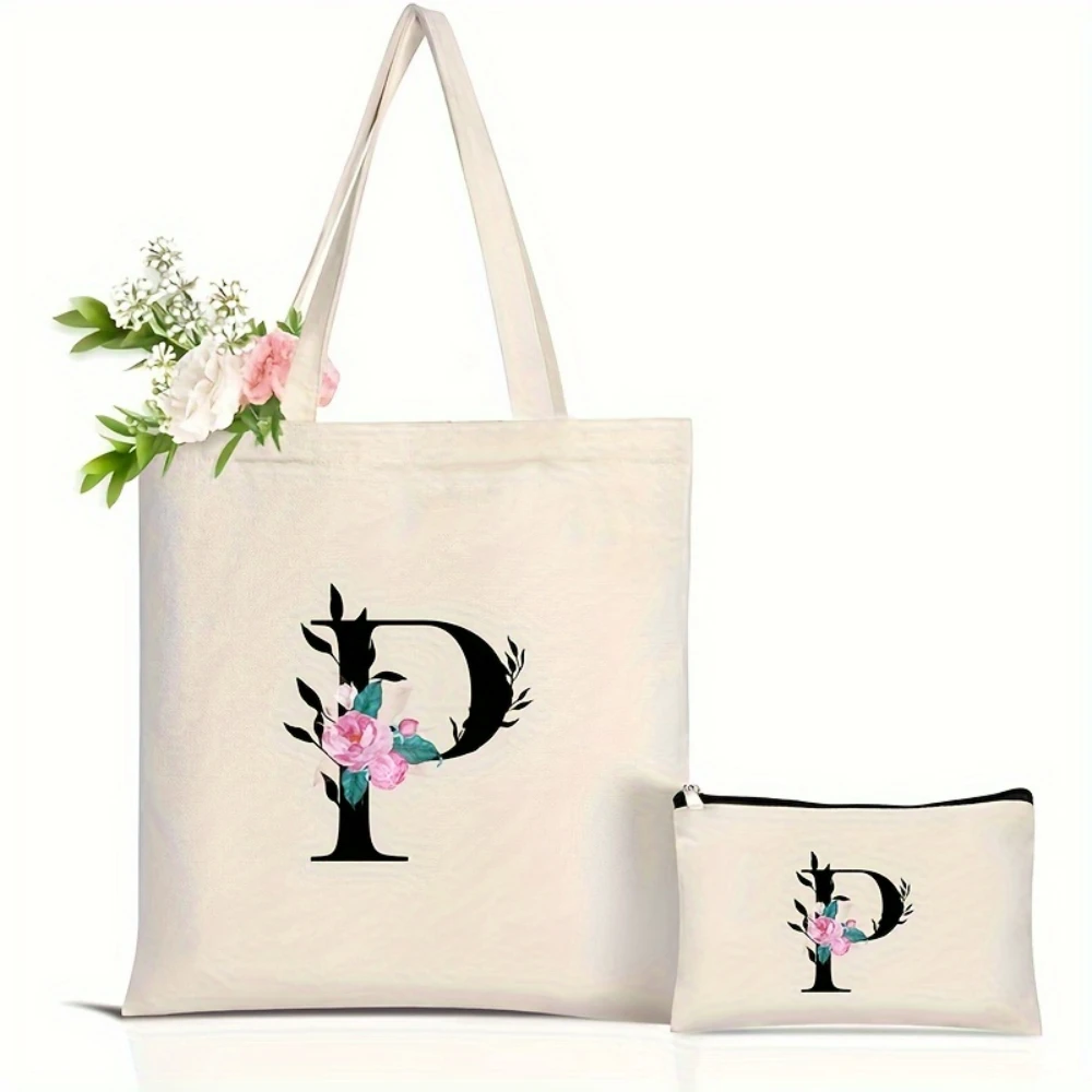 Elegante bolso de mano con alfabeto floral para mujer, bolso espacioso para ir al trabajo, bolsos de uso diario, regalo, bolso de compras ecológico reutilizable