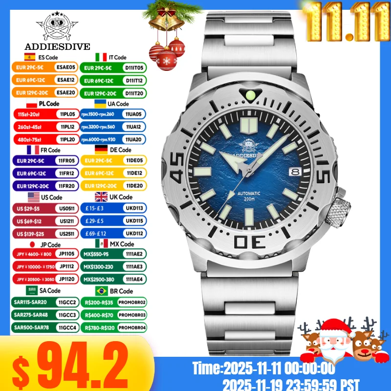 

ADDIESDIVE AD2047 Men Watches Sapphire Glass 200M Diving NH35 Movement Relogios Masculino Blue Luminous Mechanical Watches