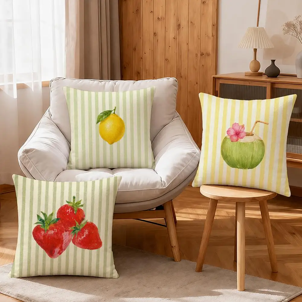 Pattern Simple Stripe Fruits Cushion Cover Linen Anti-Mite Antibacterial Cushion Cover Invisible Zipper Sofa Decor