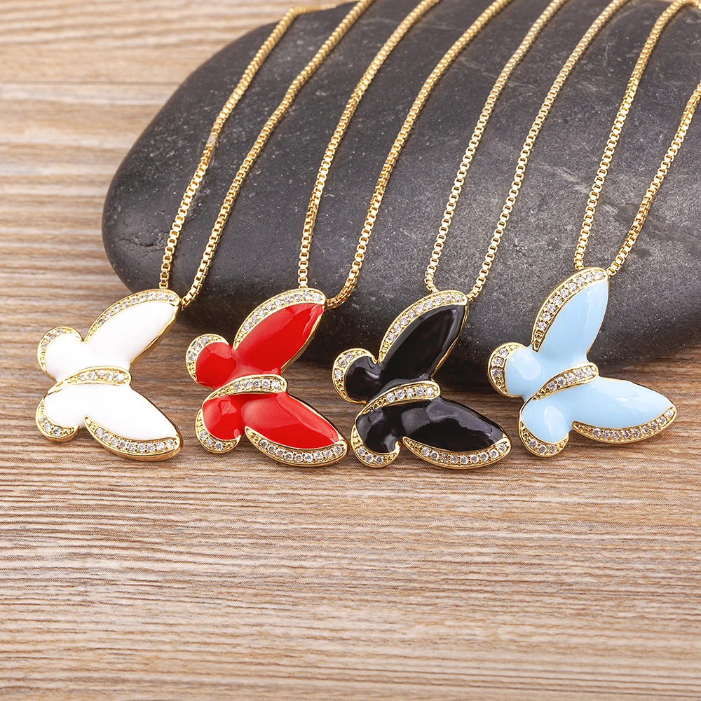 Nidin Ins Trendy Color Enamel Butterfly Cubic Zirconia Drop Oil Necklace Women Charm Elegant Neck Chain Jewelry Anniversary Gift
