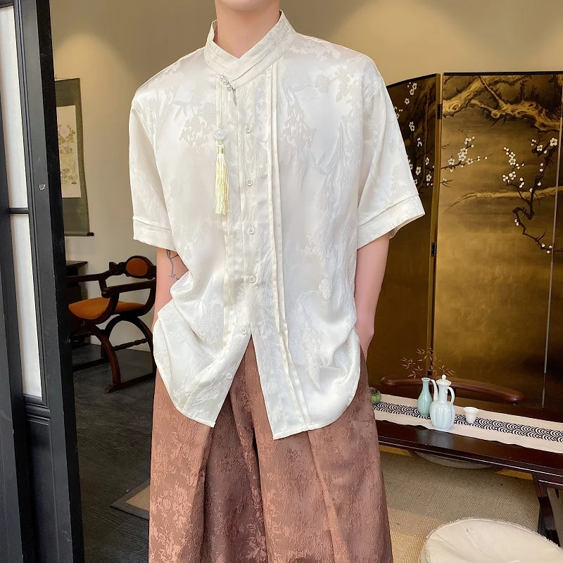

Summer New Chinese Sle ort Sve Satin Embroidery Design Men's Retro National Trend Tassel Blouse Faionable irt