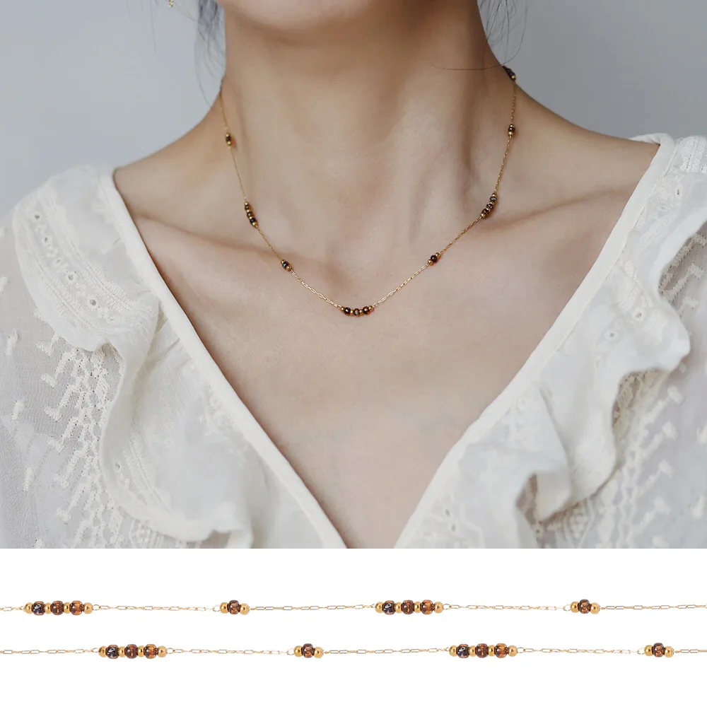 316L Stainless Steel Plated 18K Gold Glazed Amber Beads Necklace Women Vintage Neckchain Jewelry Gift Bijoux