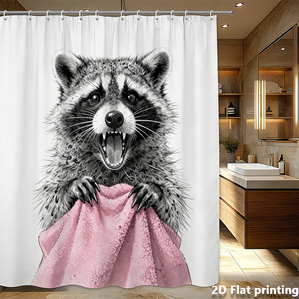 

Black & White Raccoon Shower Curtain with Pink Patterned Towel 2D Flat Printing Waterproof Bathroom Decor – Whimsical Animal Art