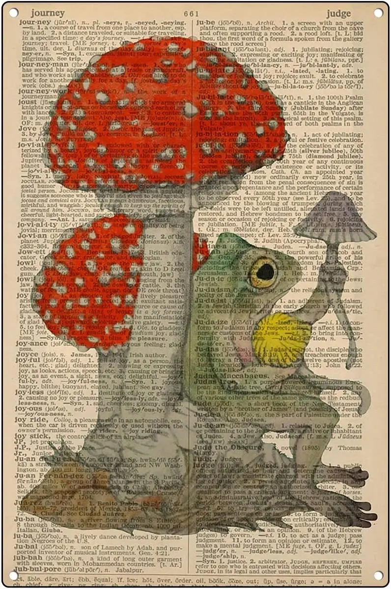 

Vintage Frog Poster, Dictionary Frog Wall Art, Watercolor Frog on Mushroom Home Decor, Cute Frog Canvas Retro Tin Sign Sign
