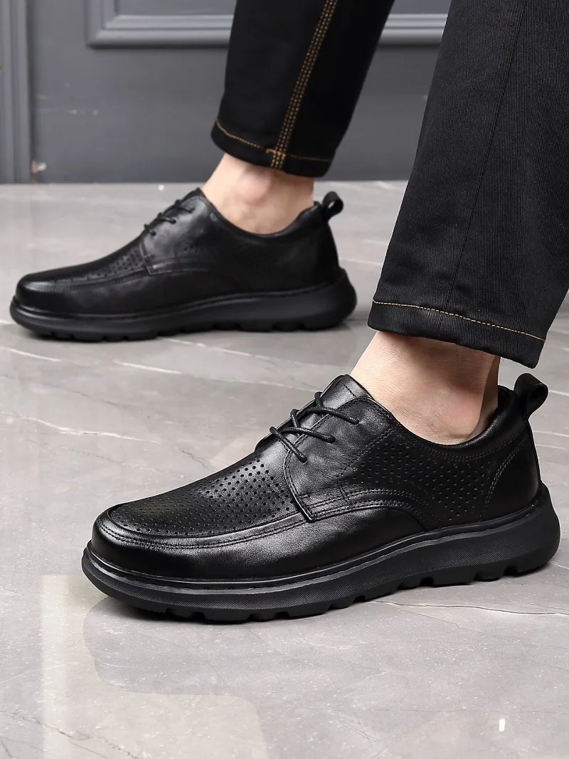 Fashion Casual leather shoes men's summer breathable Thick Sole cowhide hollow Out Summer business Genuine Leather Male Black