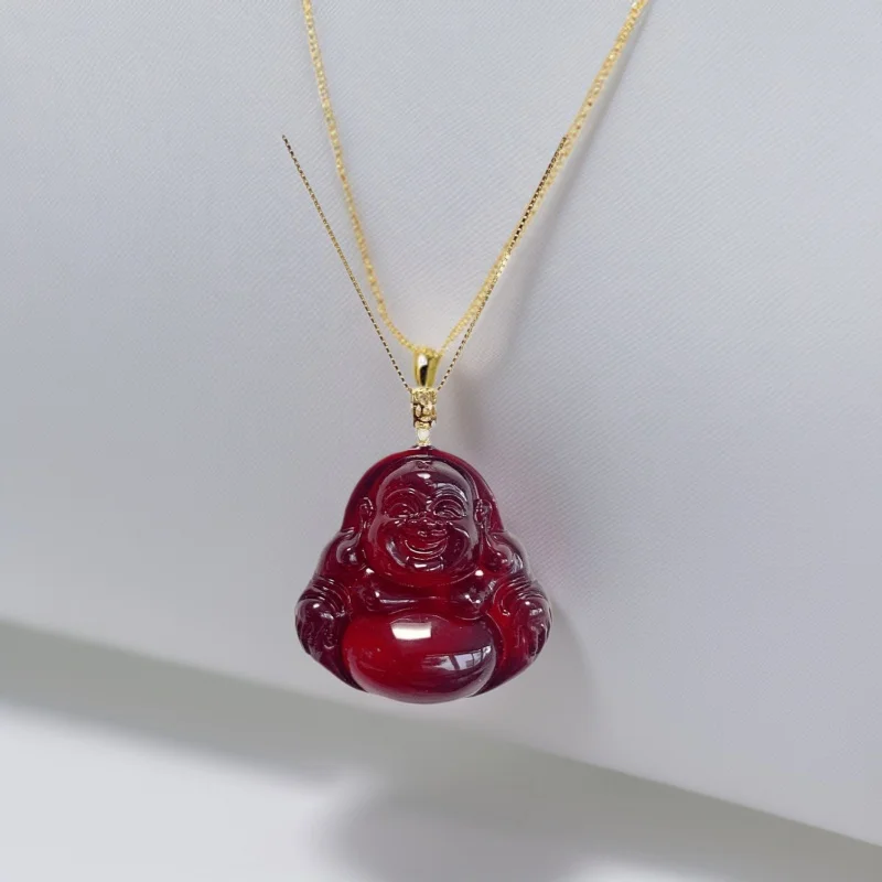 Blood Amber 18K Gold Maitreya Buddha Pendant Size 30x30mm Natural No Optimization Wine Red Purification