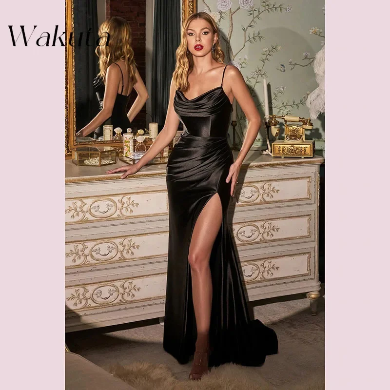 Wakuta American Retro Swinging Collar Solid Slit Robe Sexy Backless Trailing Cocktail Evening Gown A-Line Vestidos De Graduación