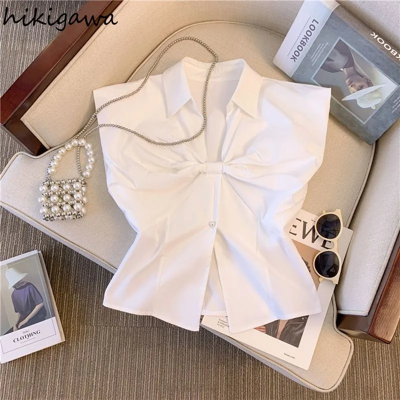 Camises De Mujer 2024 White Blouses for Women\'s Sleeveless Tunic V-neck Bow Crop Tops Korean Temperament Summer Blouse Shirts