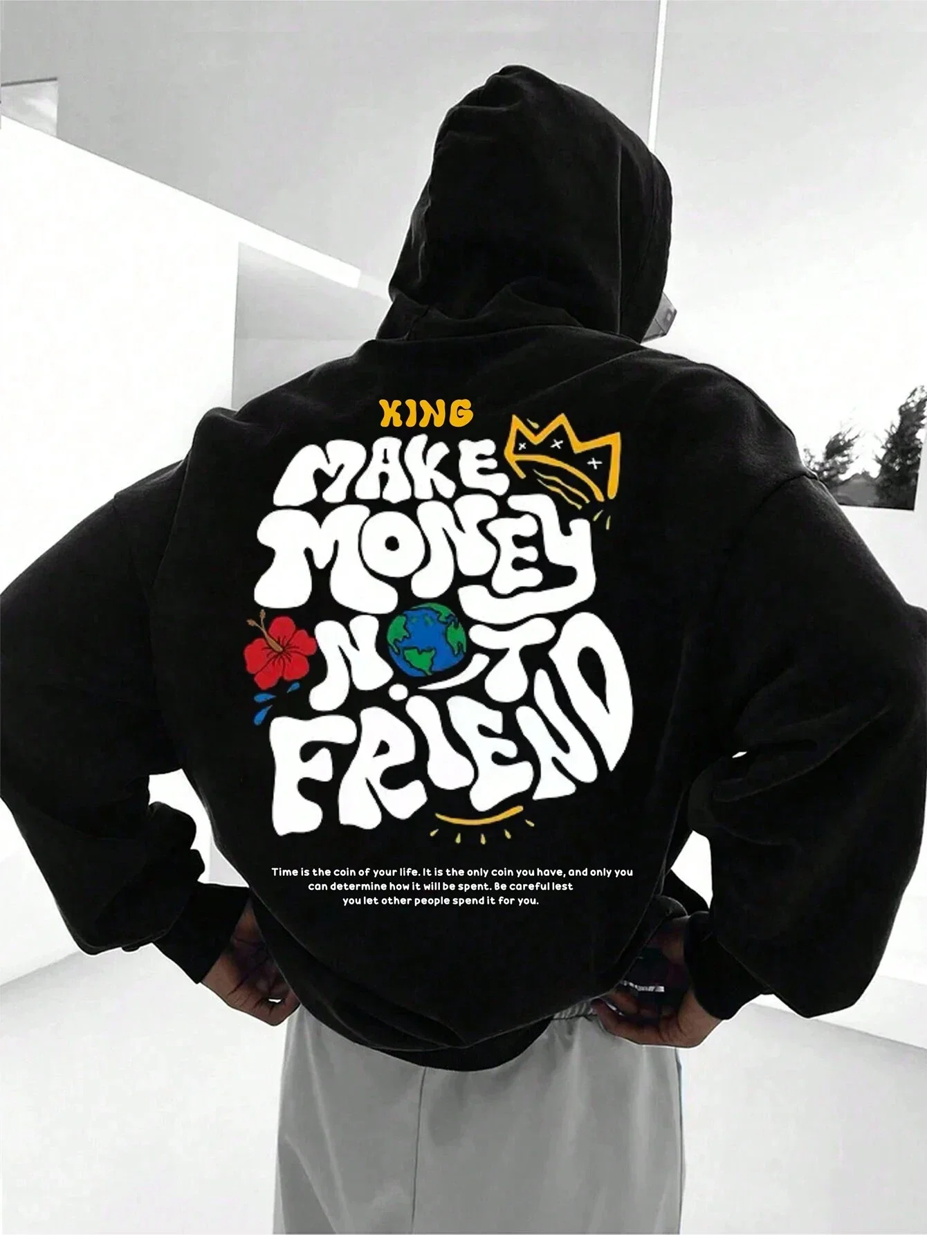 Men's Hooded Fleece Soft Sweatshirt Letter Slogan Print MAKE MONEY NOT FRIEND Cartoon Pullover Harajuku Fashion Sweatshirts