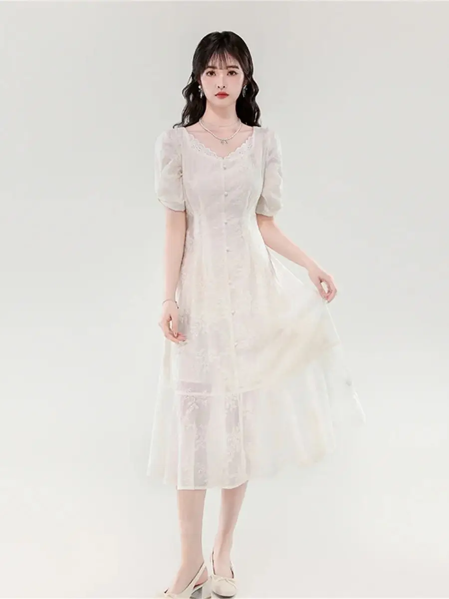 

Summer 2025 Women's Elegant V-neck Lace Trim Embroidery Dress Casual Short Sleeve Midi One Piece Korean Style Female Clothing