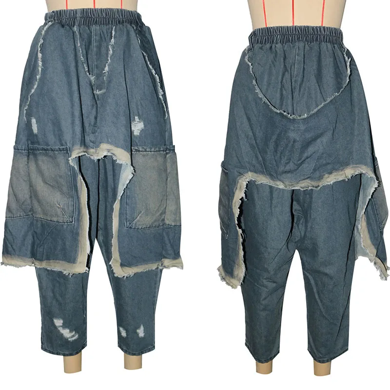 الشارع الشهير ممزق هول سراويلي حريمي للنساء ملابس Y2K الجينز Harajuku جيوب الموضة فضفاضة سراويل جينز بنطلونات فام