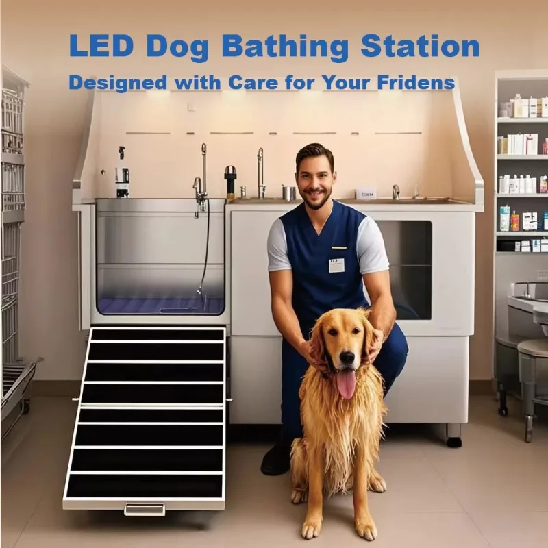 

Hot Sale Commercial Pet Wash Station Stainless Steel Dog Shower Station LED Light Elevated Dog Bath with Ramp for Indoor Use