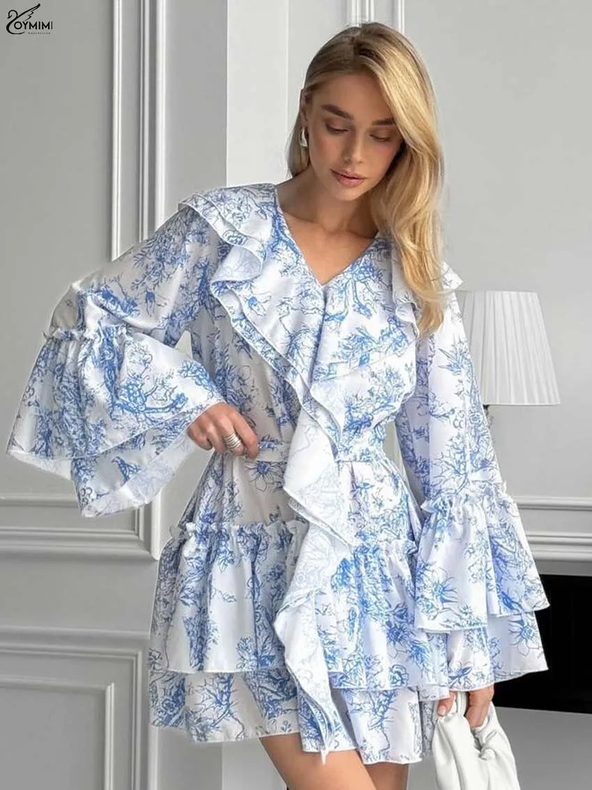 

Oymimi Elegant Blue Print Dresses 2025 Woman Fashion Long Sleeve Ruffled Lace-Up Dresses Autumn High Waist Pleated Mini Dress