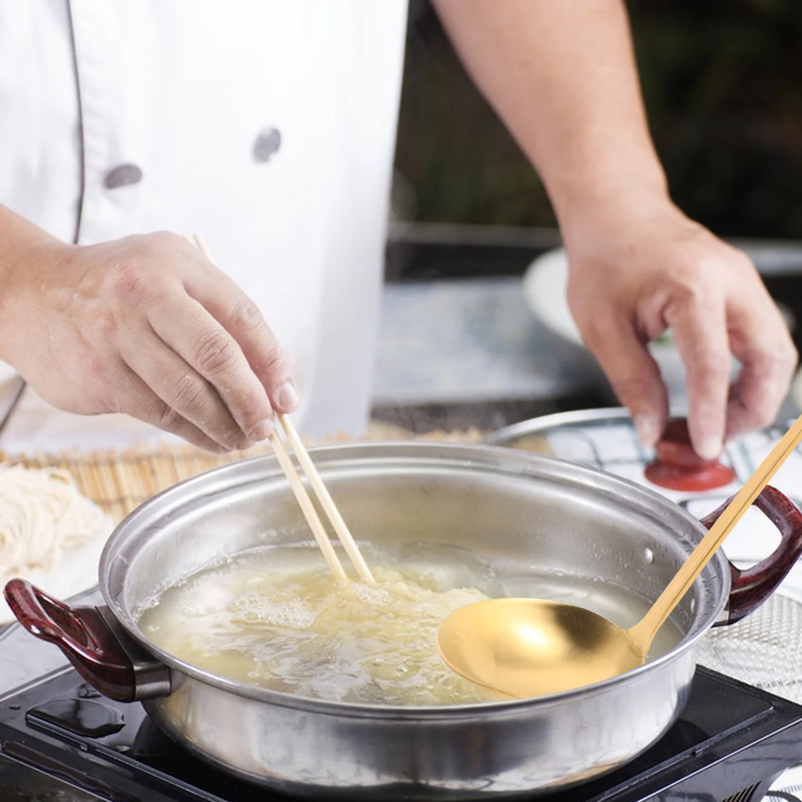 

Stainless Steel Soup Ladle 304 Heavy Duty Thickened Gold Finish Long Handle Kitchen Cooking Spoon For Hot Pot Noodle Rice