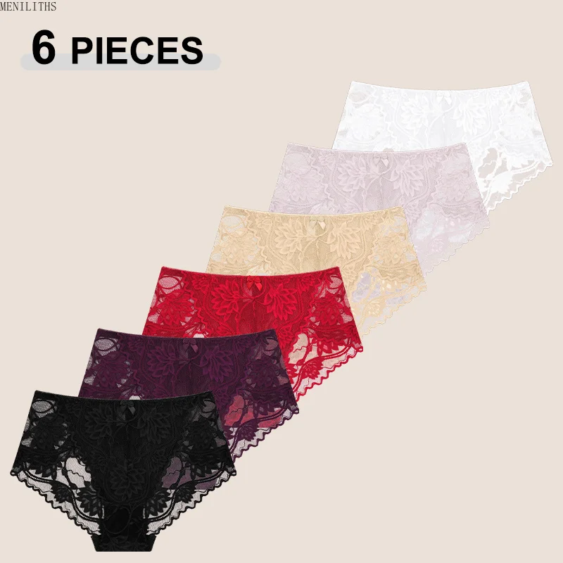 6PCS Sexy Lace Hollow Out Panties For Women Solid Color Perspective Bowknot Underwear Transparent Breathable Intimates Lingerie