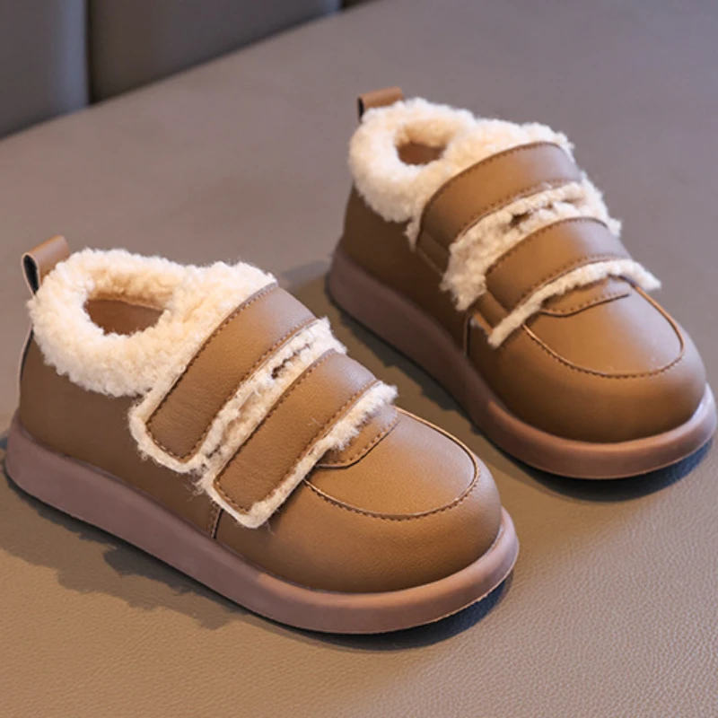 Children Cotton Shoes Solid Color Thick Soled Kids Causal Shoes Fashion 2023 Winter Warmth PU Leather Girl Plush Shoes Hook Loop