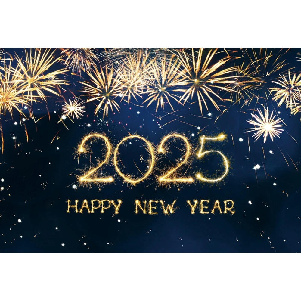 2025 Happy New Year Photography Backdrop Black Golden Glitter Fireworks Champagne Family Party Decor Photography Background