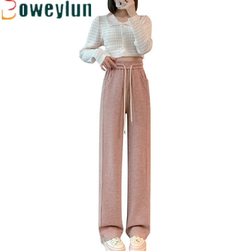 Boweylun Spring and Autumn Wide Leg Pants Women Loose High Waist Draped Casual Straight Trouser Full-length Pants Girls