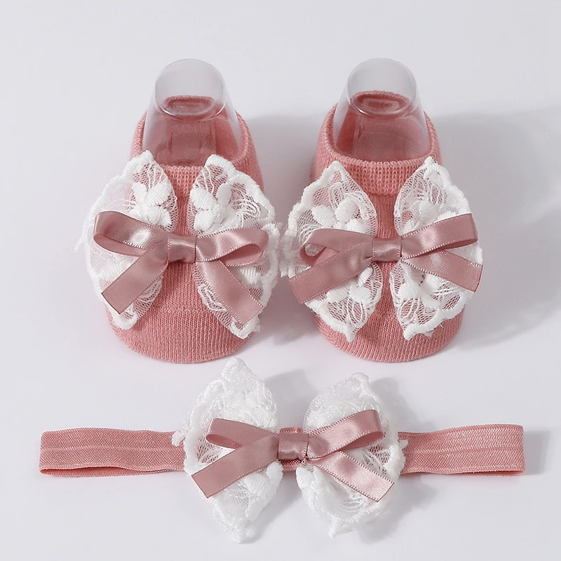 

Cute Baby Girls Bow Socks with Headband Newborn Boat Socks Non-Slip Toddler Floor Socks Infant Princess Wedding Party Socks
