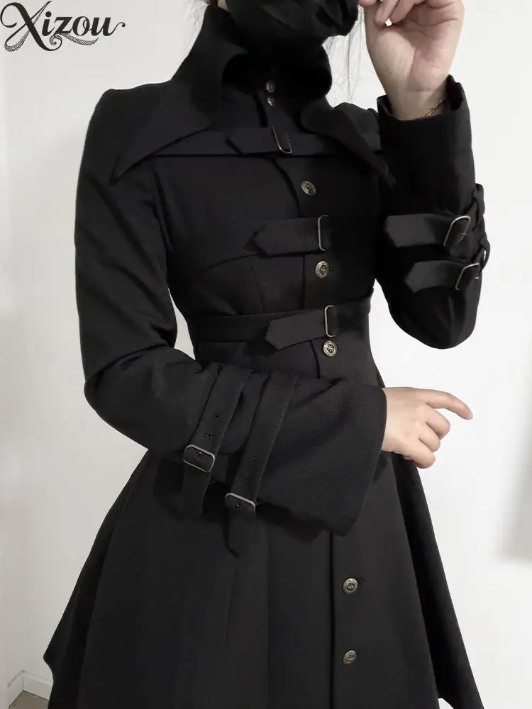 Gothic Military Black Long Coat Stand Lapel Collar Multi‑Buckle Strap Fitted Waist Retro Metal Button Subculture Outer Jacket