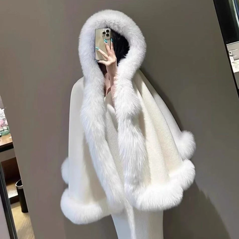 Luxury Faux Mink Fur Collar Hooded Cape Coat Imitation Fox Hair Fluffy Jacket Shawl Jacket Flocking Cloak Cardigan Poncho Tops