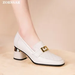 2024 Spring New Square Toe Thick Heel Genuine Leather Women Office Pumps Banquet Party Women's Shoes Fashion Wedding Shoes 6cm